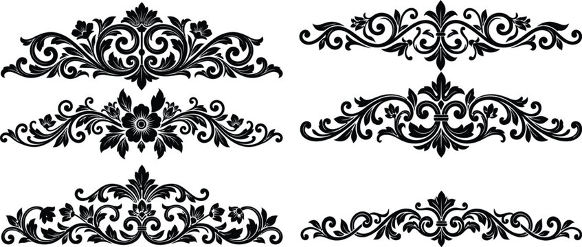 Filigree floral headers vector set, vintage baroque scrollwork pediments, acanthus leaf and blossom vignettes, decorative page dividers, black line art