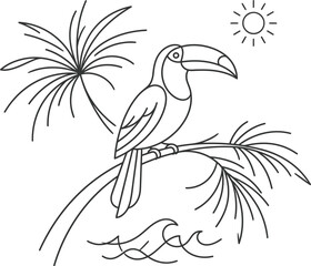 Obraz premium Toucan perched on palm tree branch with tropical sun and waves.