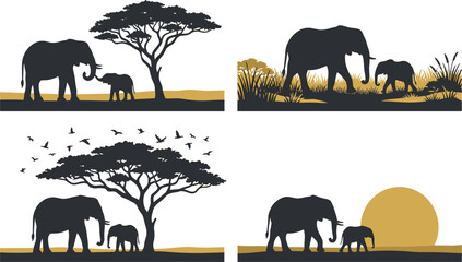 African Elephant Family Silhouette Landscapes with Acacia Trees, Sunset, Birds, and Savanna Grass for Wildlife Conservation Banners and Safari Travel Travel Designs © MST