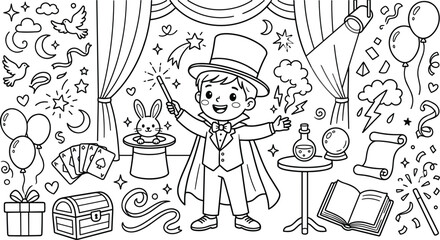 Cute hand drawn magic show magician doodle vector illustration featuring a kid performer with top hat and rabbit on stage