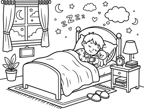Cute hand drawn bedroom sleeping boy doodle vector illustration featuring a kid resting in bed with a teddy bear