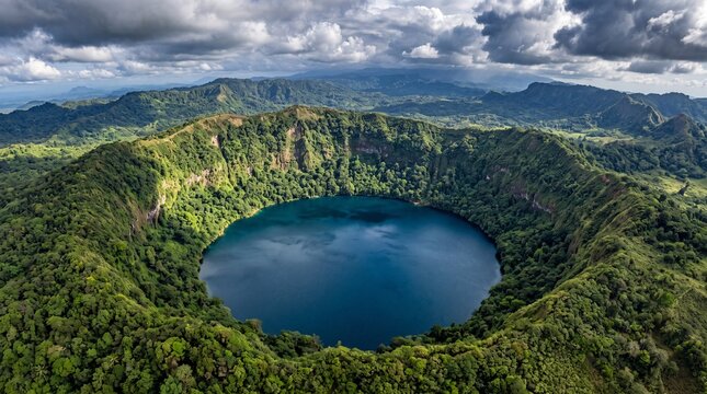 Aerial view of a volcanic crater lake surrounded by lush green forest, deep blue caldera water in a tropical mountain landscape, scenic natural landmark
