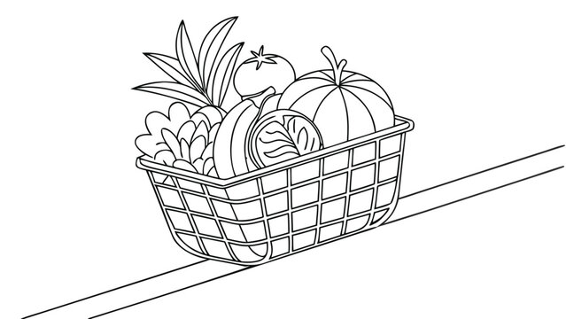 Vector illustration of line art illustration of a shopping basket filled with various fresh fruits and vegetables