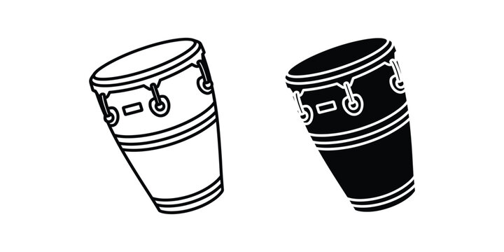 Set of conga drum icons in outline and solid black style for musical instrument design