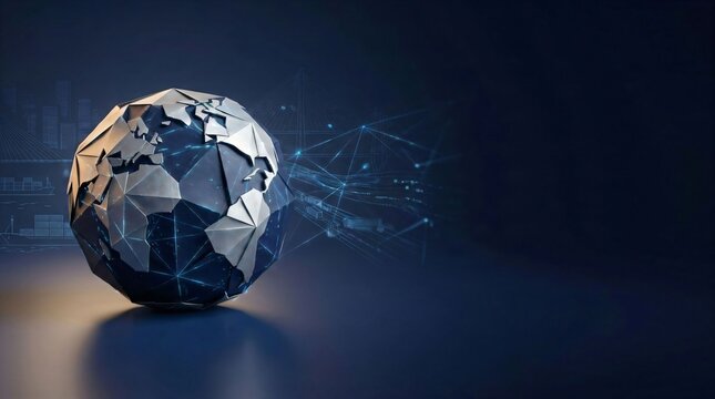 3D polygon digital globe on left side with technology network and copy space on right