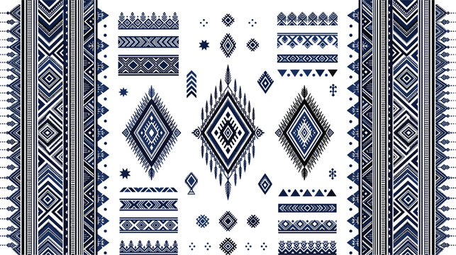 Indigo Blue Ethnic Ikat Geometric Pattern Vector Set with Traditional Tribal Fabric Borders and Abstract Diamond Motifs for Textile Wallpaper and Fashion Design