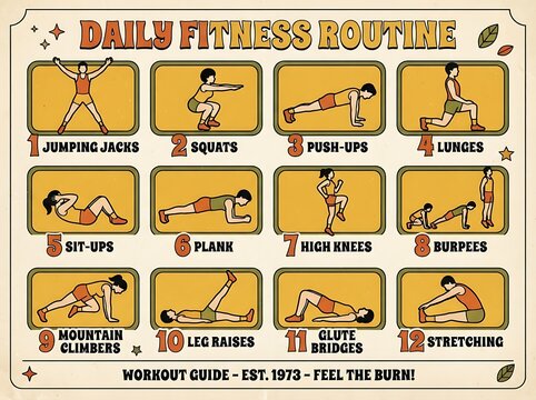 Retro fitness routine guide poster featuring twelve numbered workout exercises for daily health