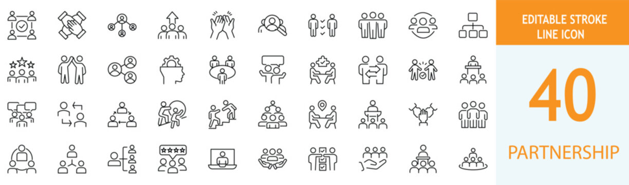 Set of 40 partnership and teamwork line icons, business collaboration, management, leadership, communication and team building symbols, editable stroke, vector illustration