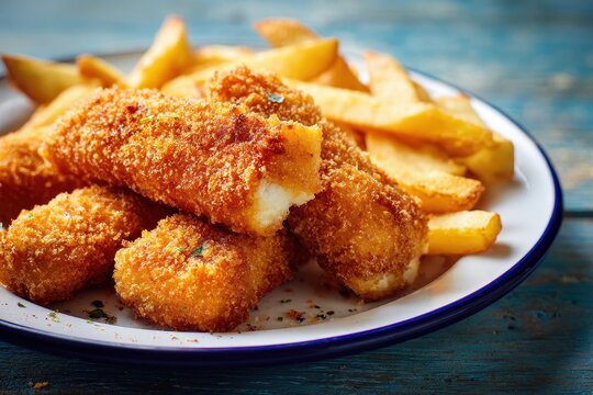 Golden crispy breaded fish sticks served with chunky potato chips on a rustic white plate against a blue wooden background with bright natural lighting and a warm inviting lunch atmosphere.