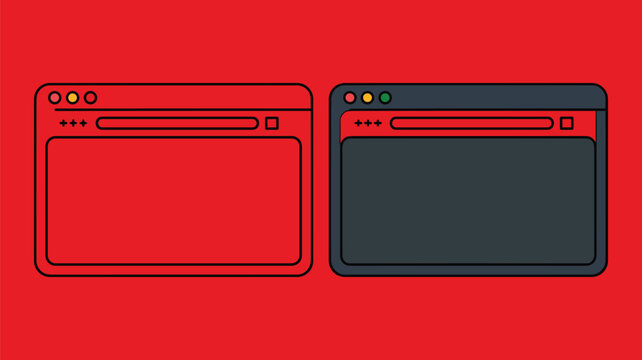 Two web browser window frames in red and dark gray colors on a solid red background surface