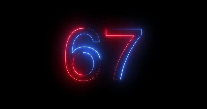 Glowing neon 67 text number animation on black background. Bright neon 67 number symbol. glowing neon number animation concept