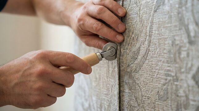 Professional wallpaper installation using a seam roller tool for smooth edges on textured wall covering