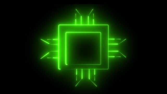 Abstract technology blue color icon animation with neon sing glowing green colour on black background.