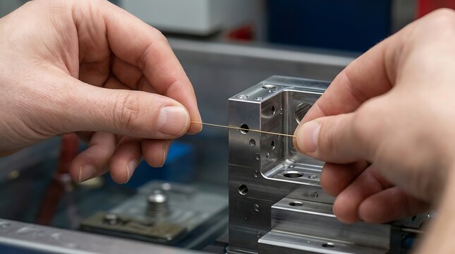 Precision wire edm machining process with skilled technician inserting thin metal filament into mold