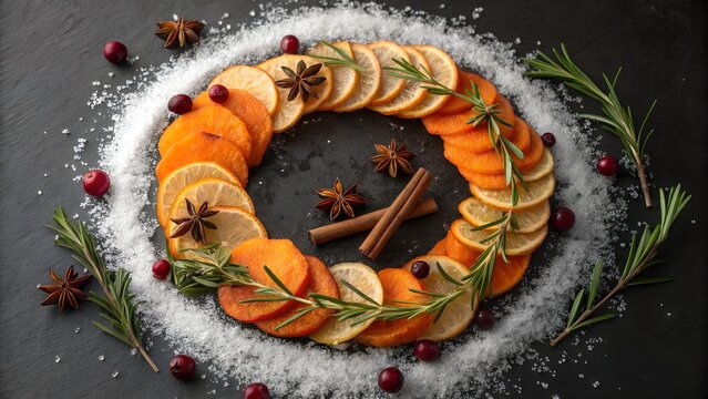 Holiday wreath made of dried orange slices, rosemary, cranberries, and cinnamon on salt base