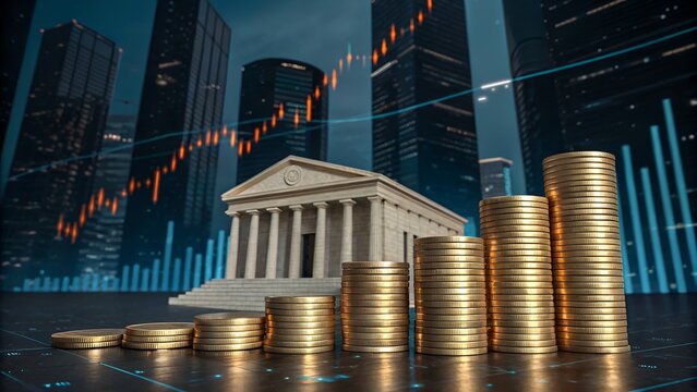 Gold coin stacks with bank building and financial stock market charts on a dark city background