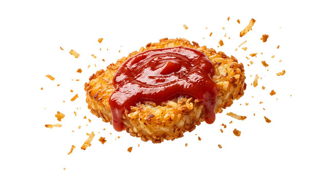 Crispy Golden Hash Brown with Tomato Ketchup Topping and Exploding Flying Crumbs, Action Freeze Motion Potato Patty Isolated on White Background.
