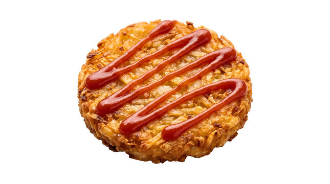 Crispy Round Golden Hash Brown with Tomato Ketchup Drizzle, Delicious Fried Potato Patty, Breakfast Fast Food Side Dish Isolated on White Background.