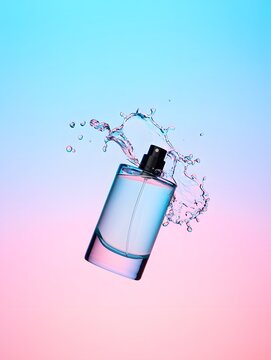A bottle of perfume with a spray of mist against a gradient background