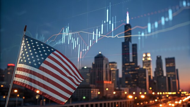 American flag waving in front of a city skyline at dusk with a digital stock market chart overlay