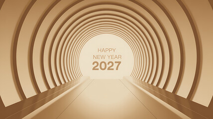 Naklejka premium Happy new year 2027 text in a futuristic circular tunnel corridor