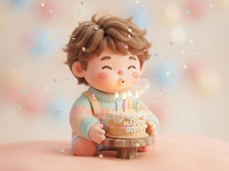 Fototapeta premium Cute 3D cartoon boy blowing out candles on a birthday cake with colorful confetti falling