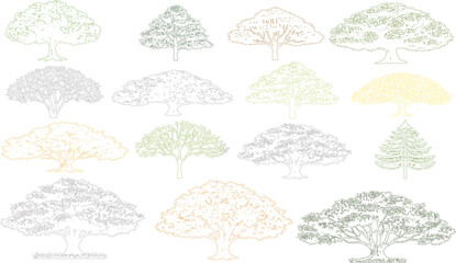 Set of various handdrawn tree silhouettes, collection of deciduous and coniferous trees, botanical illustrations © mhithun