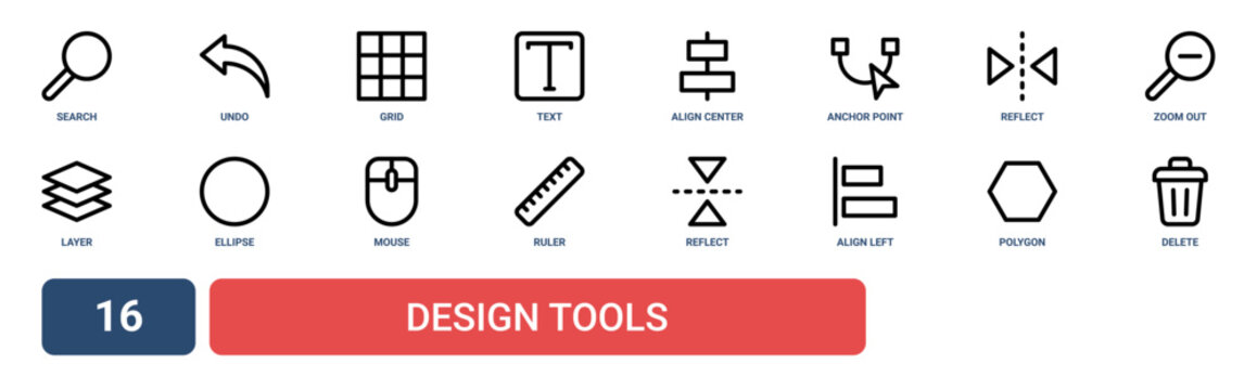 Set of 16 outline web Design Tools icons such as delete, polygon, align left, reflect, ruler, mouse, ellipse vector icons for report, presentation, diagram, web design, mobile app