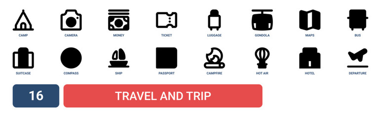 Set of 16 outline web Travel and Trip icons such as departure, hotel, hot air balloon, campfire, passport, ship, compass vector icons for report, presentation, diagram, web design, mobile app © Isabella