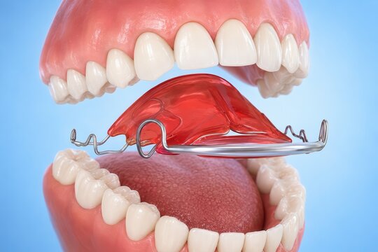 Removable orthodontic retainer appliance inside open mouth for teeth alignment