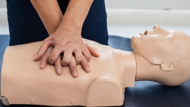 Practicing chest compressions on cpr training manikin torso with first aid compressions training emergency healthcare resuscitation simulation
