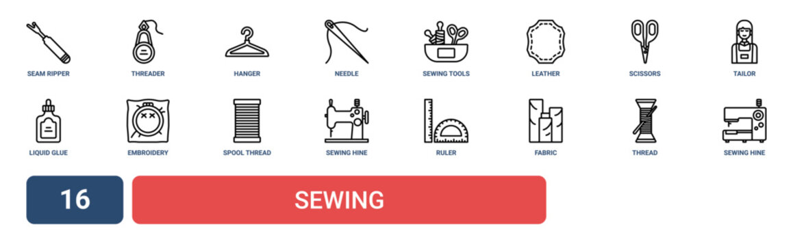 Set of 16 outline web Sewing icons such as sewing hine, thread, fabric, ruler, sewing hine, spool of thread, embroidery vector icons for report, presentation, diagram, web design, mobile app