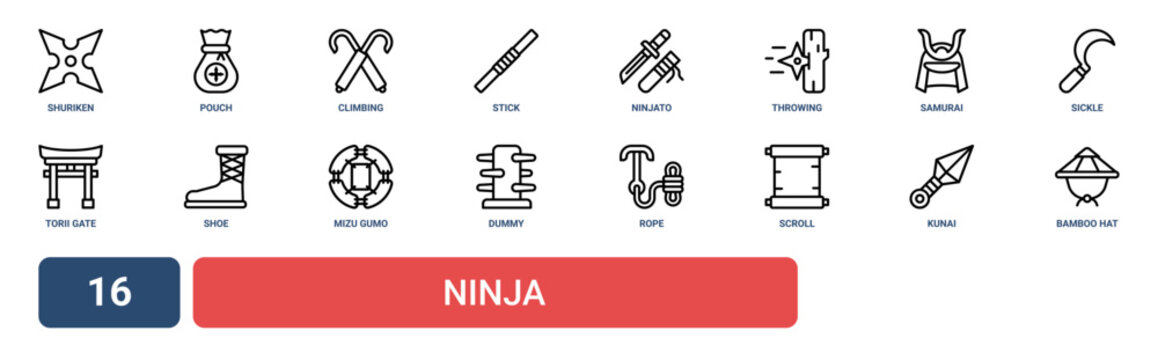 Set of 16 outline web Ninja icons such as bamboo hat, kunai, scroll, rope, dummy, mizu gumo, shoe vector icons for report, presentation, diagram, web design, mobile app