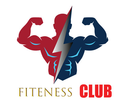 Bodybuilder fitness club logo with muscular male silhouette, lightning bolt, and FITENESS CLUB text in red and blue