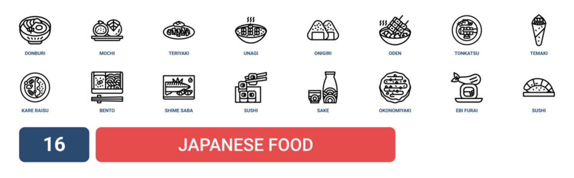Set of 16 outline web Japanese Food icons such as sushi, ebi furai, okonomiyaki, Sake, sushi, shime saba, bento vector icons for report, presentation, diagram, web design, mobile app