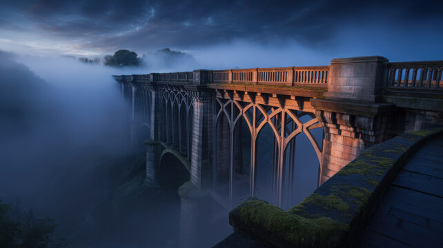 A spooky bridge spans a foggy valley on a dark and stormy Halloween night.