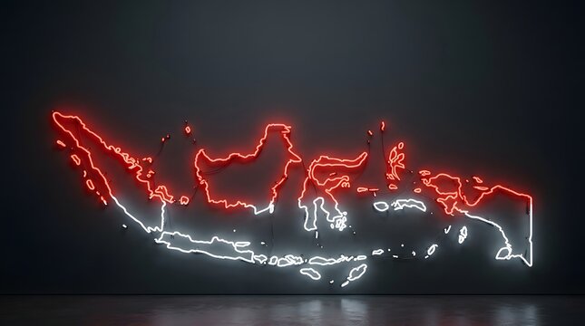 Sleek glowing digital render of indonesia's map outline vibrant in patriotic red and white neon light, ideal as a promotional asset for national celebrations.