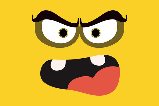 A high-quality flat vector illustration of an angry yellow monster face with large expressive eyes and sharp teeth on a clean yellow background.