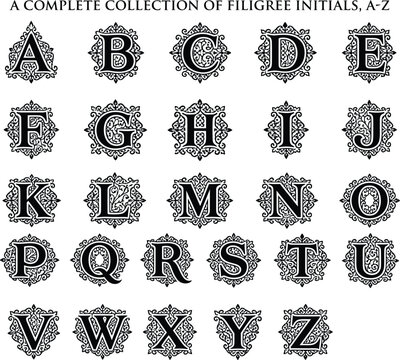 Vintage filigree initials vector set, A-Z alphabet monogram letters, ornamental baroque frame crests, victorian calligraphic typography collection