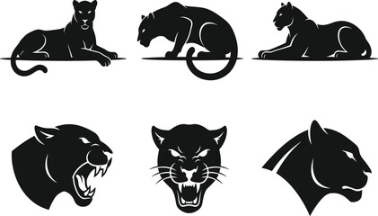 Black Panther Silhouette Icon Set Featuring Roaring Wild Cats Head Mascots and Lying Pumas Profiles for Sports Team Logos and Animal Branding Graphics © MST