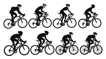 Fototapeta premium Vector illustration of set of silhouettes of cyclists riding bicycles in various poses