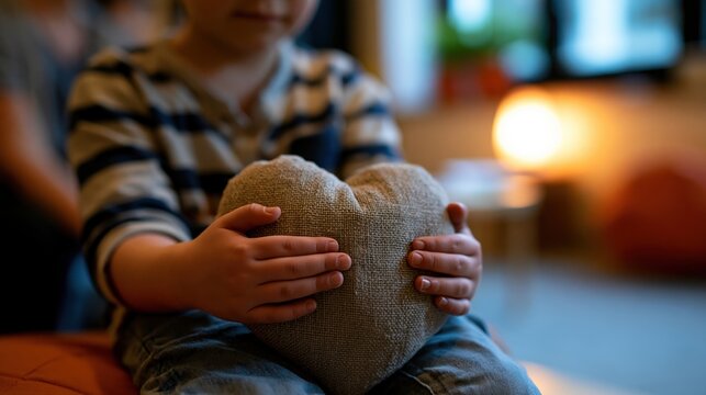 Child holding heart - shaped comfort cushion in school support room
