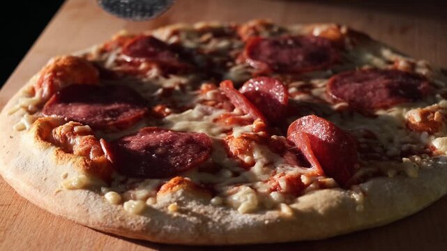 Slicing a Freshly Baked Pepperoni Pizza on a Wooden Board
