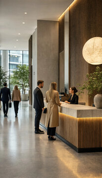 Business professionals checking in at a luxury office building reception desk with business professional reception corporate employees interior building hospitality colleagues entrance