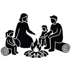 Happy family sitting around campfire outdoors during vacation time flat vector silhouette.