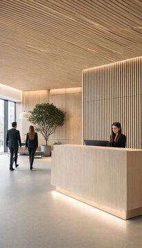 Modern office lobby reception desk with corporate professionals walking past large potted tree in contemporary business building interior reception business professional interior corporate