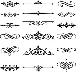 Vintage page dividers vector set, calligraphic text line dividers, filigree scroll flourishes, fleur de lis ornamental vignettes, black collection © Graphiccircle