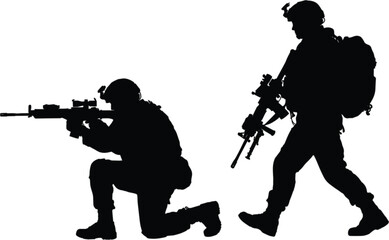 Fototapeta premium Military tactical soldier silhouette vector set, armed infantry combat poses isolated for defense security illustration collection design