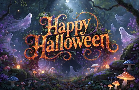 Happy Halloween Typography in Enchanted Spooky Forest with Ghosts and Glowing Mushrooms