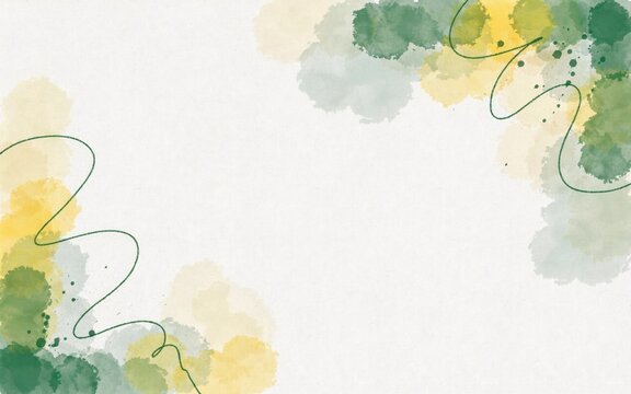 Watercolor wash background, with green and, yellow blots and, thin scribble lines